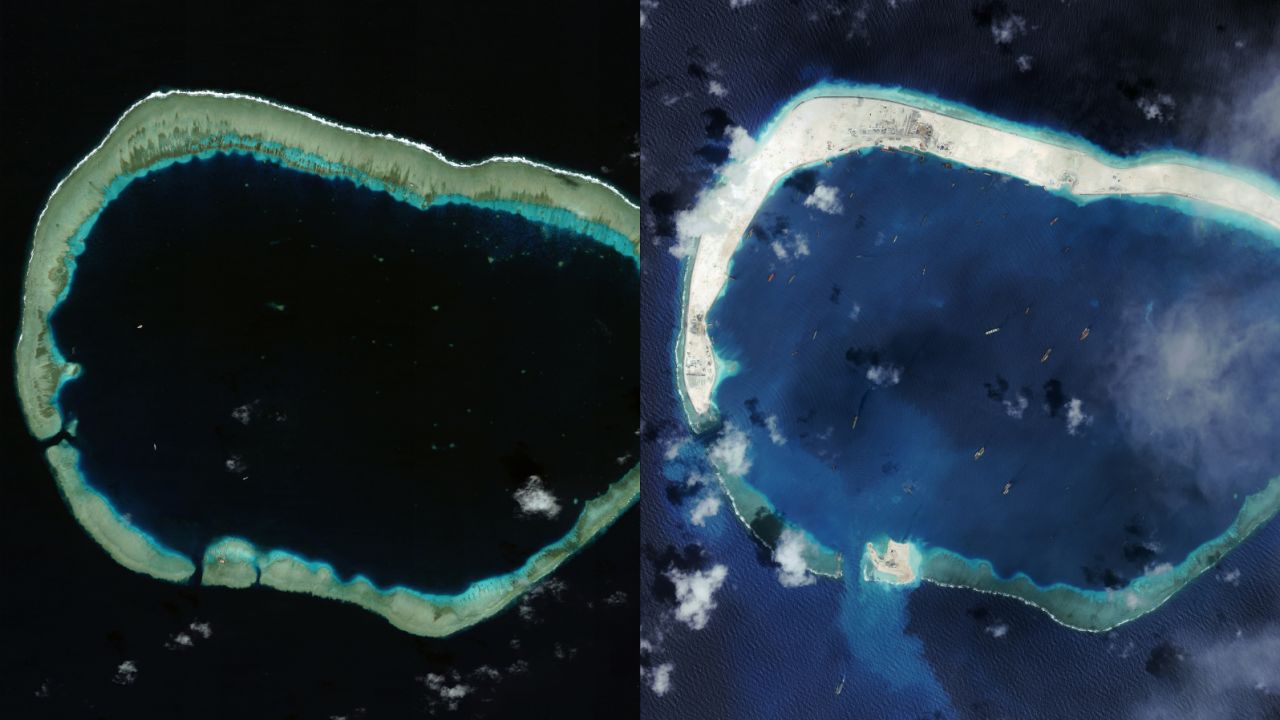 Mischief Reef in the South China Sea in January 2012, left, and in September 2015, right following Chinese land reclamation.