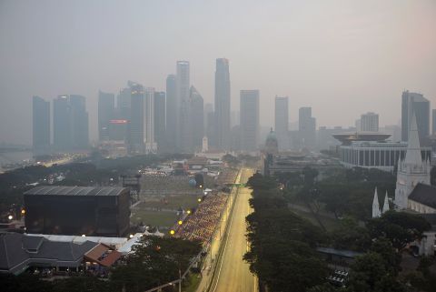 Smog shrouds the track in 2014 in this aerial view of the drivers' parade before the start of the Grand Prix.