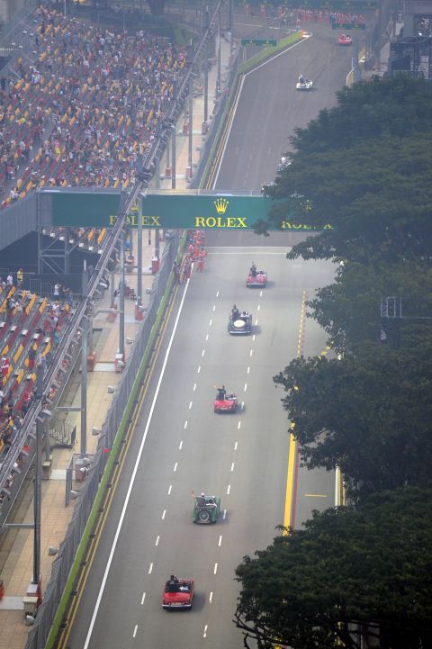 A closer look at the Marina Bay Circuit during the 2014 drivers' parade.