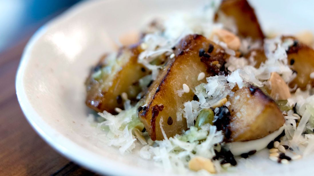 Roasted Jerusalem artichoke, studded with roasted nuts, in a cream-based manchego cheese sauce is one of the dishes you can sample at the new Maggie Joan's.