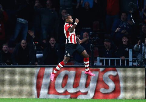 Luciano Narsingh of PSV Eindhoven celebrates scoring his team's second goal during the UEFA Champions League Group B match between PSV Eindhoven and Manchester United at PSV Stadion on September 15, 2015 in Eindhoven, Netherlands.