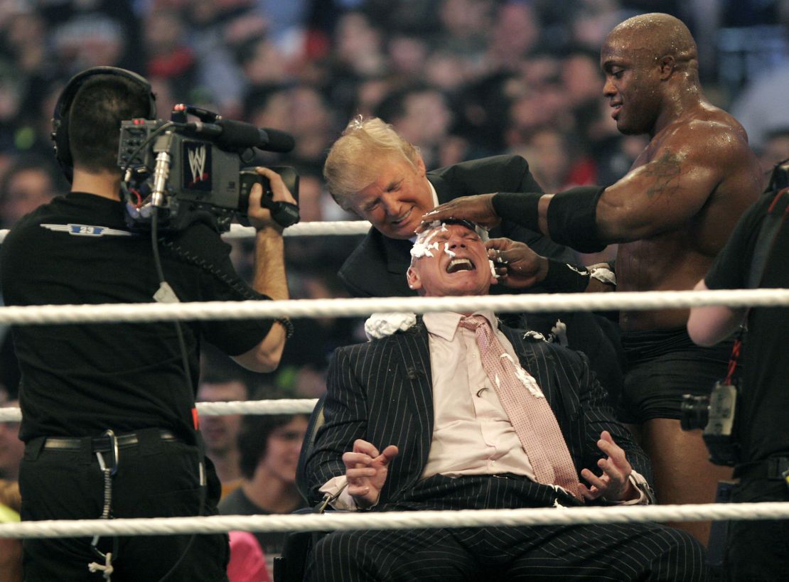Donald Trump wins a "Battle of Billionaires" bet and shaves WWE CEO Vince McMahon's head in 2007. 