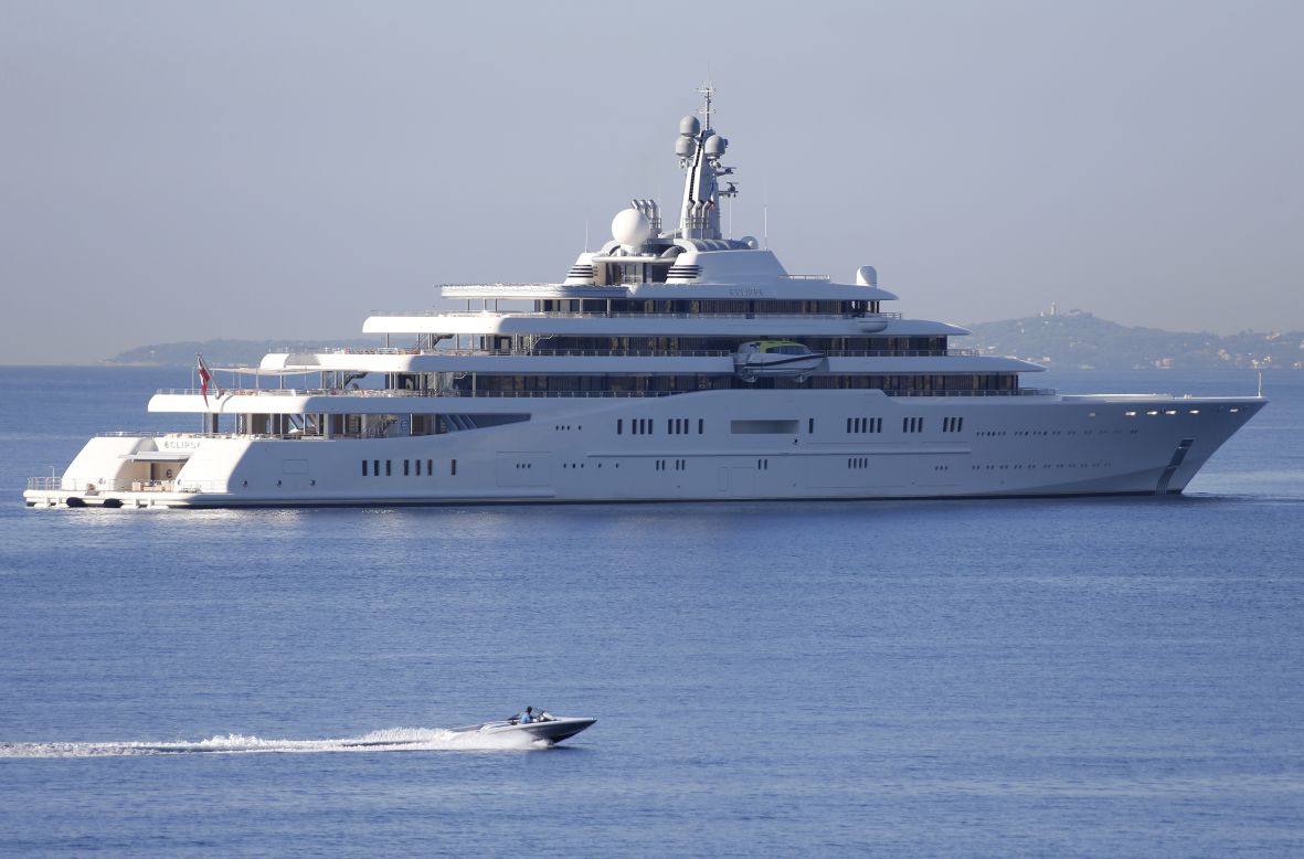 Eclipse is the motor yacht of Chelsea owner Roman Abramovich and is a staggering 163.5 meters long. Squeezed into that are two helicopter pads, two swimming pools, a disco, 24 guest cabins and a submarine that can submerge 50 meters.