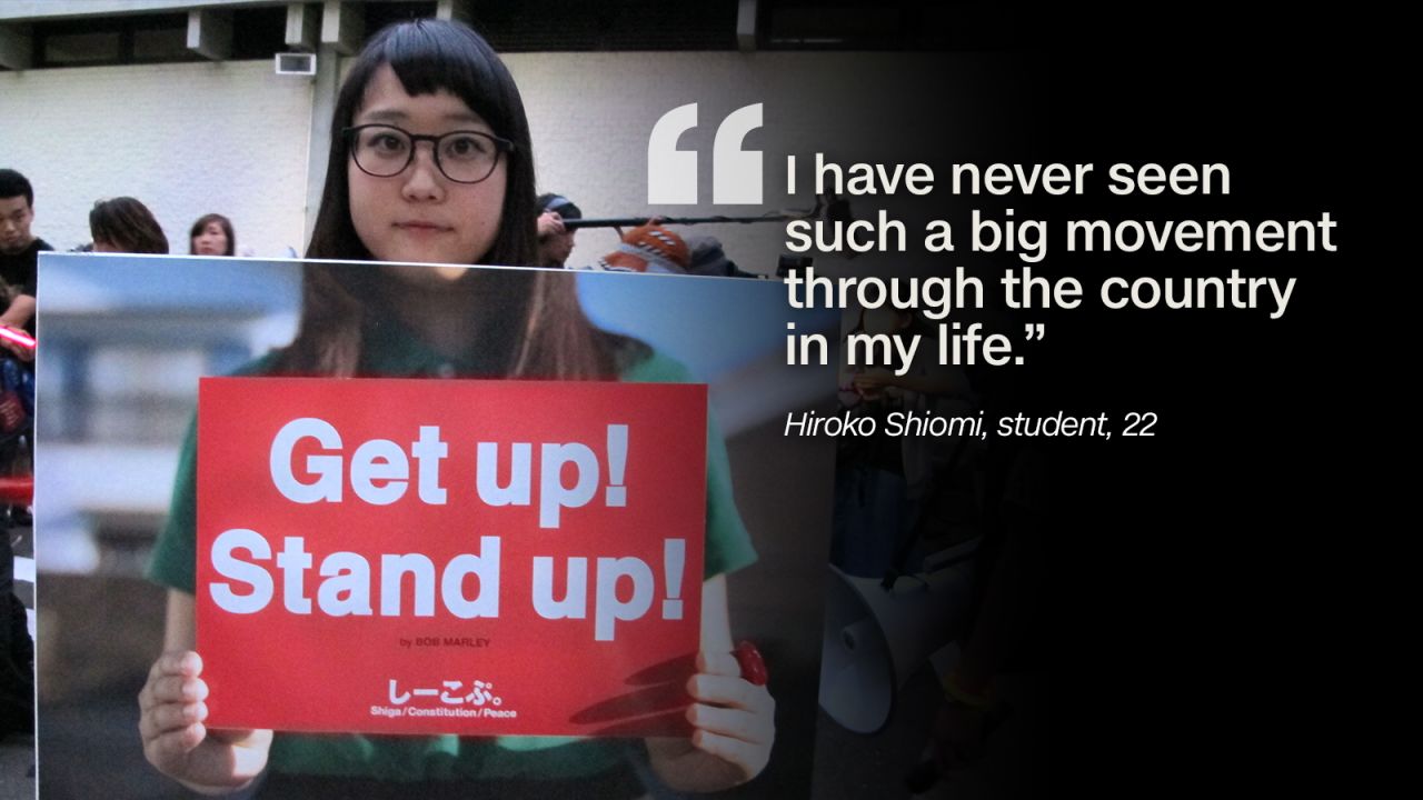 Hiroko Shiomi, a 22-year-old student, traveled from Shiga, west Japan, to take part in the protests. "I made this sign to encourage the people to raise the voice in my region," she says. "I have never seen such a big movement through the country in my life."