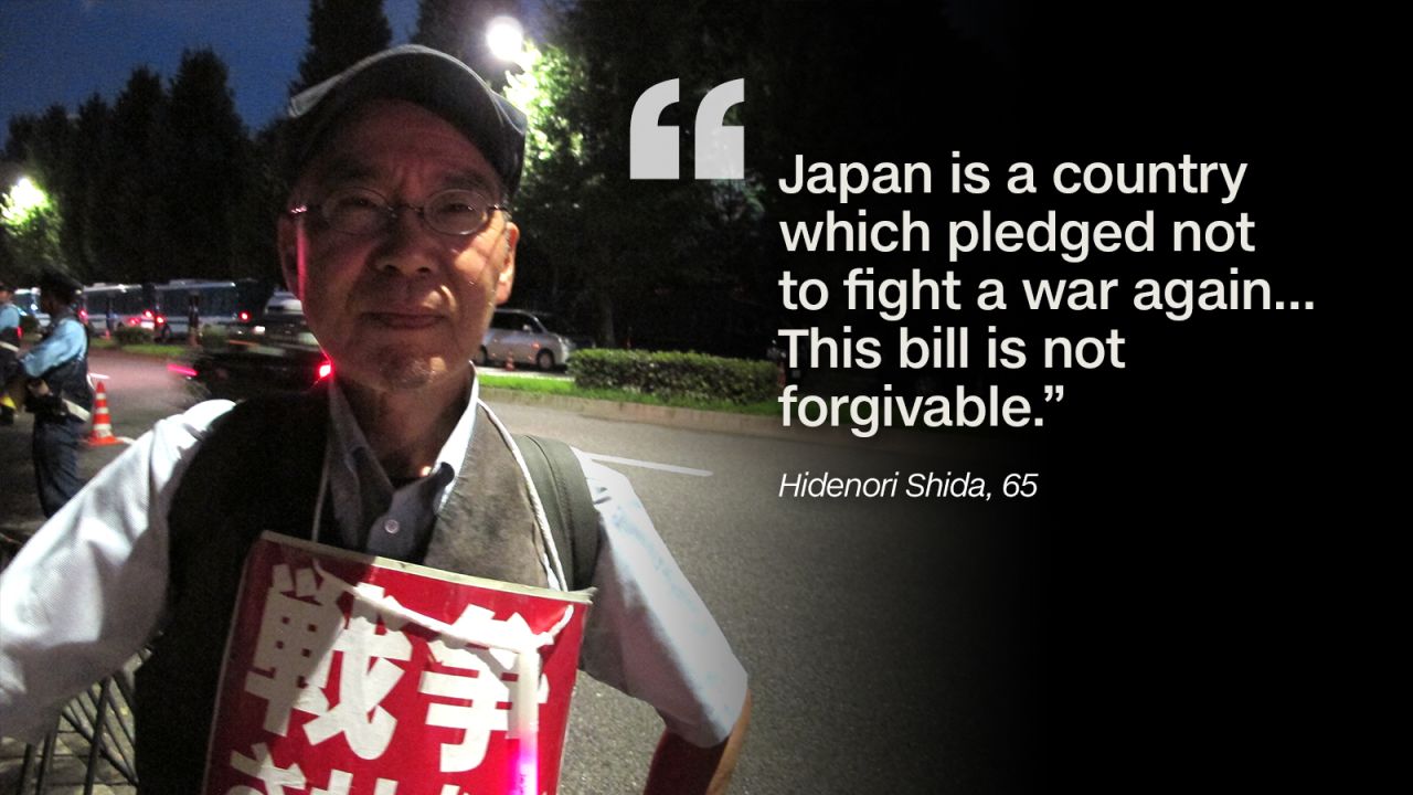 Hidenori Shida, 65, says he is frightened by the idea that a Japanese military bullet one day might kill someone overseas. "Japan is a country which pledged not to fight a war again, to hold no combat power as a remorse after war. We have killed no one in the (past) 70 years. This bill is not forgivable."