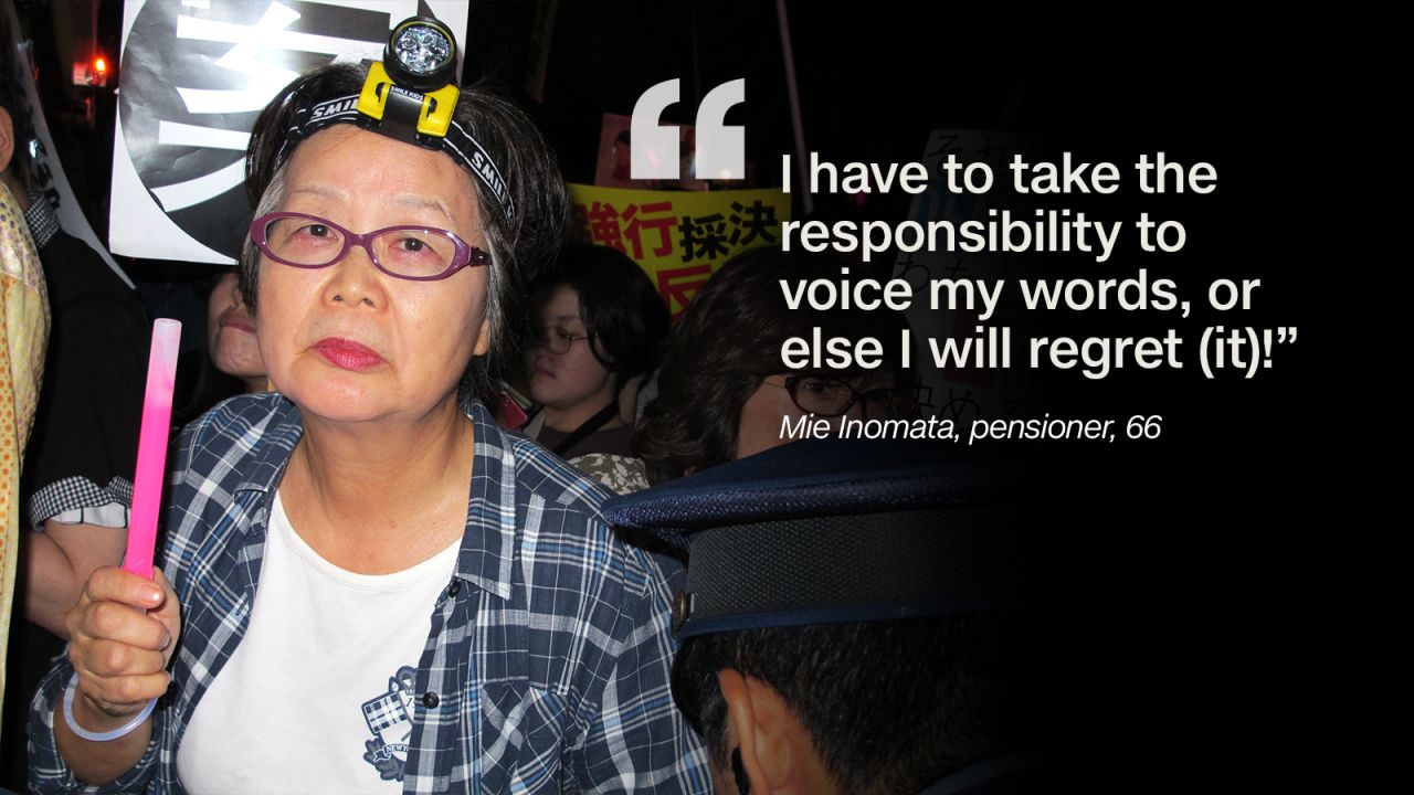 Pensioner Mie Inomata, 66, is very angry. She said she was at Monday's protest in Tokyo to speak out for others' families and children. "I have a son, and I have many grandchildren," Inomata said. "When I think about the future of my children, as an adult who is alive, I have to take the responsibility to voice my words -- or else I will regret (it)!"
