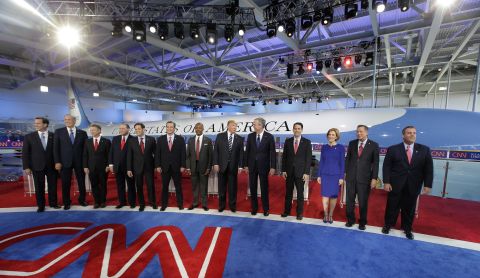 Republican presidential candidates stand on stage before the main debate Wednesday, September 16, at the Reagan Presidential Library in Simi Valley, California. From left to right are U.S. Sen. Rand Paul, former Arkansas Gov. Mike Huckabee, U.S. Sen. Marco Rubio, U.S. Sen. Ted Cruz, retired neurosurgeon Ben Carson, businessman Donald Trump, former Florida Gov. Jeb Bush, Wisconsin Gov. Scott Walker, businesswoman Carly Fiorina, Ohio Gov. John Kasich and New Jersey Gov. Chris Christie.
