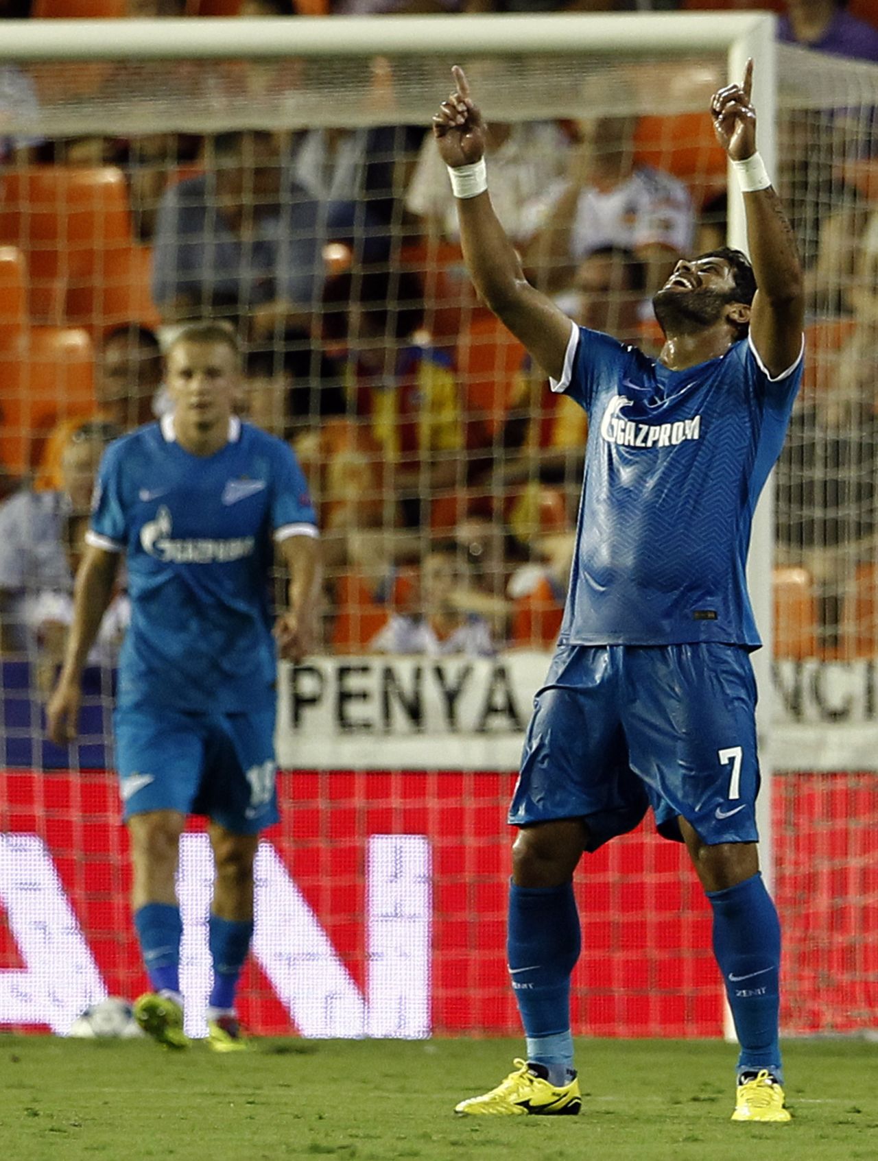 Zenit St Petersburg's Brazilian forward Hulk celebrates one of his two goals in the Group H game at Valencia.