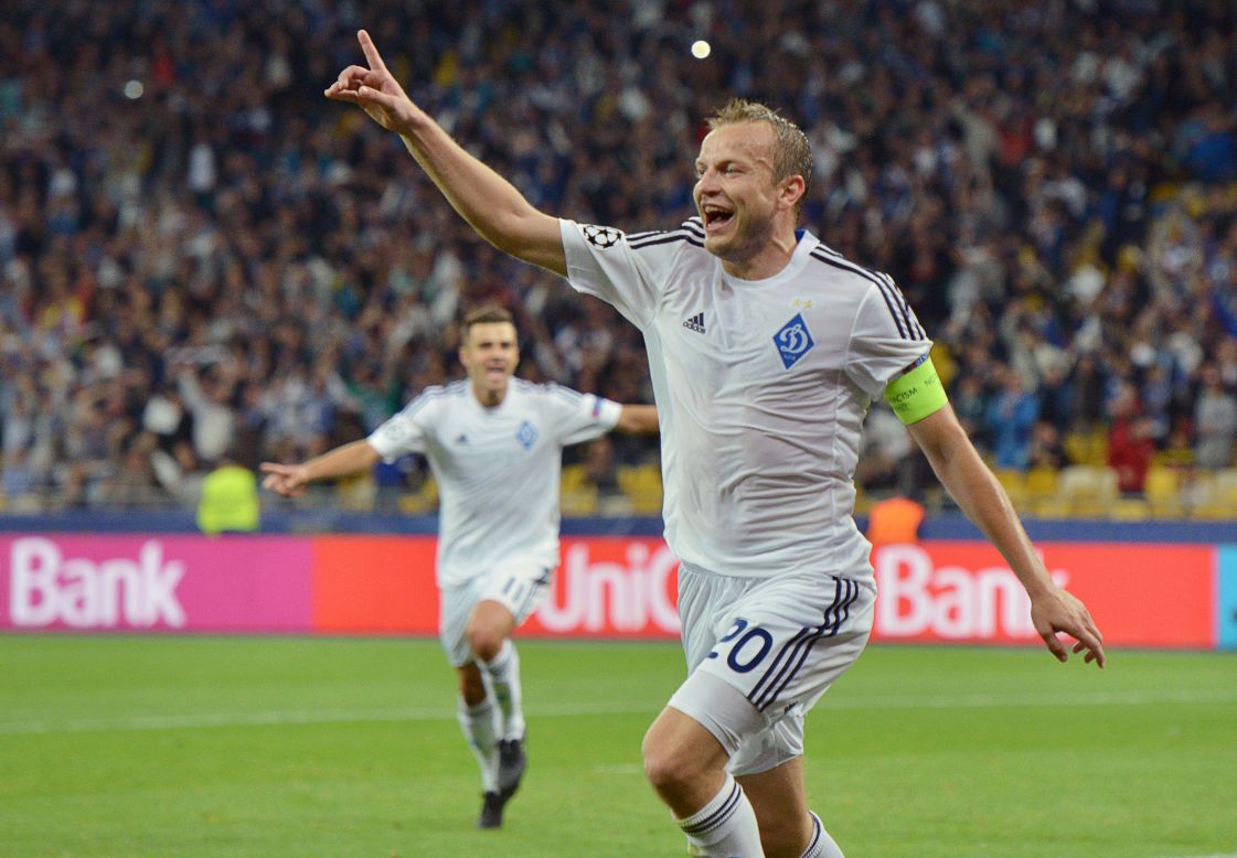 Oleh Husev of Dinamo Kiev celebrates after scoring in the group stage match against Porto. Now the Ukrainians face big-spending Manchester City.