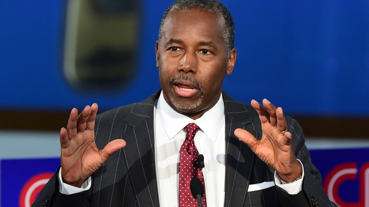 Republican presidential hopeful  Ben Carson speaks during the Republican presidential debate at the Ronald Reagan Presidential Library in Simi Valley, California on September 16, 2015.  Republican presidential frontrunner Donald Trump stepped into a campaign hornet's nest as his rivals collectively turned their sights on the billionaire in the party's second debate of the 2016 presidential race.  AFP PHOTO / FREDERIC J. BROWN        (Photo credit should read FREDERIC J BROWN/AFP/Getty Images)