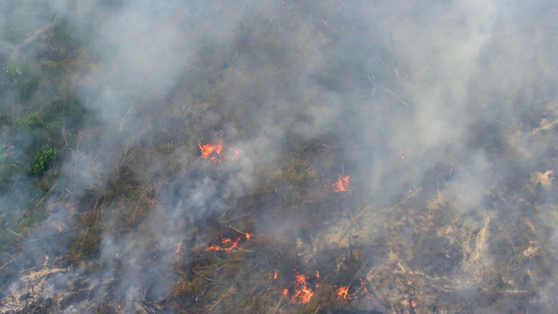 An aerial view from a helicopter shows fires burning in Pelalawan on September 17. The smog has become so bad this year that the Indonesian government has declared a state of emergency in Riau province.