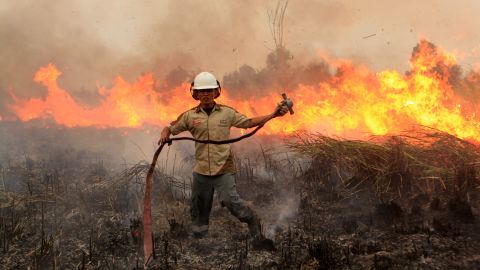 A firefighter combats a blaze in Ogan Komering Ilir, Indonesia, on Saturday, September 12.