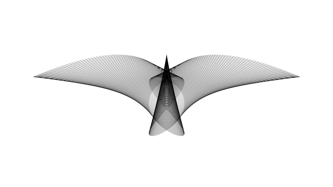 This image is a bird in flight. It shows 500 line segments. For each i=1,2,3,...,500 the endpoints of the i-th line segment are: ((3/2)(sin((2πi/500)+(π/3)))^7, (1/4)(cos(6πi/500))^2) and ((1/5)sin((6πi/500)+(π/5)), (-2/3)(sin((2πi/500)-(π/3)))^2).