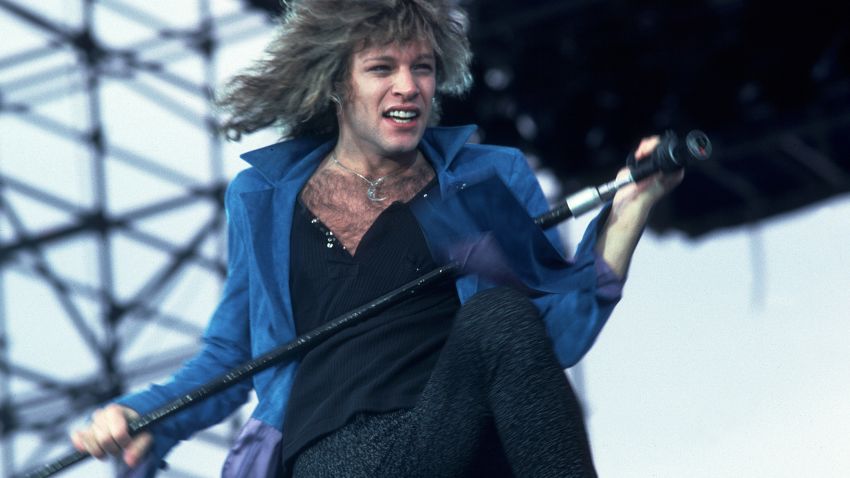 Jon Bon Jovi of Bon Jovi at Veteran's Stadium for the first Farm Aid Concert on September 22, 1985 in Champaign, Illinois.