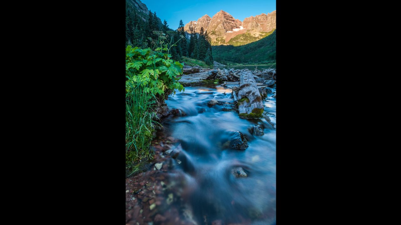 Photographers can't be afraid of getting their feet wet! Beautiful cascades run out of Maroon Lake, but the only way to photograph them is to wade into the stream. Your feet will be numb and people will call you crazy and take photos of you, but it'll be worth it. In spring, there are meadows full of wildflowers (great foreground subjects) further down the canyon.