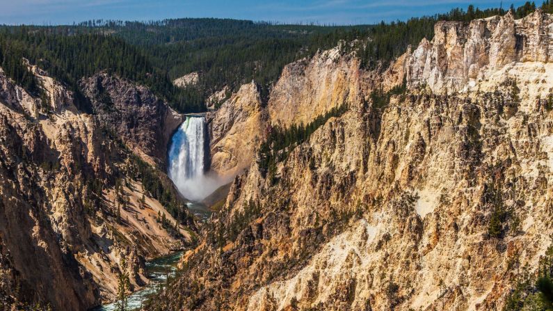The Lower Falls of the Yellowstone River is the most photographed waterfall in Yellowstone National Park.   