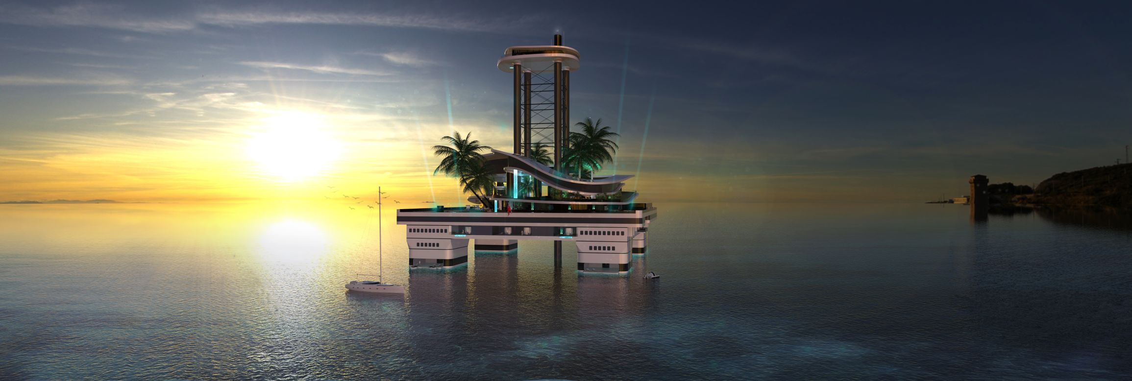To the untrained eye the vessel might bear a passing resemblance to an upmarket oil rig -- albeit one that is a lot more luxurious.<br />The futuristic floating island features a penthouse perched 80 meters above sea level, two elevators, and a jacuzzi with a glass bottom.<br />Should you wish to move the hefty vessel, expect to take your time, with speeds of eight knots.<br />"It is more or less a piece of floating land," explained Gumpold. "It can be supported by custom-designed support vessels, as is a trend in the yachting industry right now.<br />"So it is like a offshore main basis or hide away, and from there you are free to go anywhere."