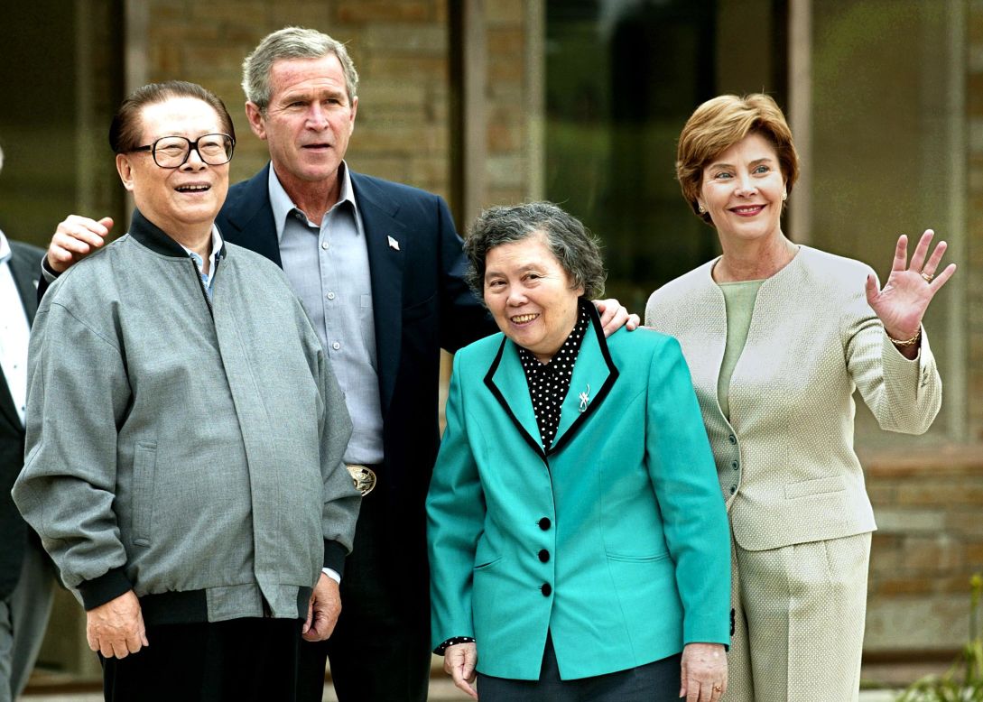 President George W. Bush and First Lady Laura Bush host former Chinese President Jiang Zemin and his wife, Wang Yeping, at Prairie Chapel Ranch in Crawford, Texas, on October 25, 2002. The meeting at Bush's 1,600-acre retreat, once known as the Western White House, was "an opportunity for the president to work with the Chinese leader on a number of areas of mutual concern and to make progress in resolving outstanding differences," said Press Secretary Ari Fleischer in a written statement.