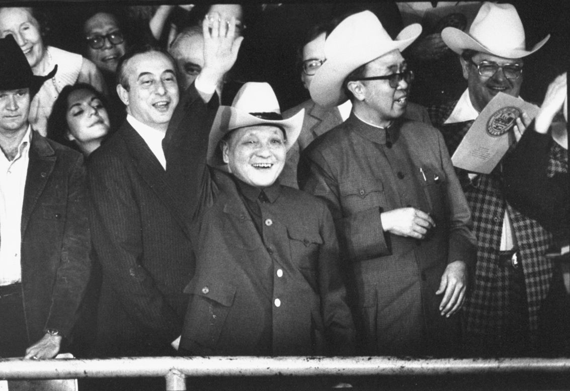 China's paramount leader Deng Xiaoping dons a cowboy hat while attending a Texas rodeo in 1979, the year China and the United States formally established diplomatic relations.<br />