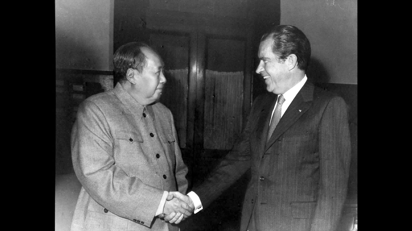 Mao Zedong, Chairman of the Communist Party, meets U.S. President Richard Nixon in Beijing on February 21,1972. Nixon's 1972 trip to the People's Republic of China was a groundbreaking step towards normalizing Sino-U.S. relations and shifting the balance of power in the Cold War. Nixon was the first U.S. president to set foot on Chinese soil.