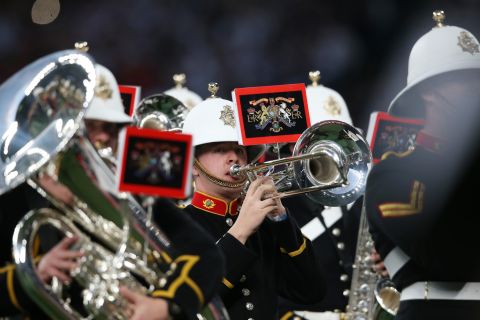 A military band plays for the crowd ahead of the opening match between England and Fiji.