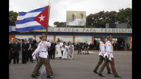 Soldiers march inside the airport in Havana during the arrival ceremony for the Pope on September 19. 