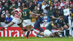 BRIGHTON, ENGLAND - SEPTEMBER 19:  Karne Hesketh of Japan scores the winning try during the 2015 Rugby World Cup Pool B match between South Africa and Japan at the Brighton Community Stadium on September 19, 2015 in Brighton, United Kingdom.  (Photo by Charlie Crowhurst/Getty Images)