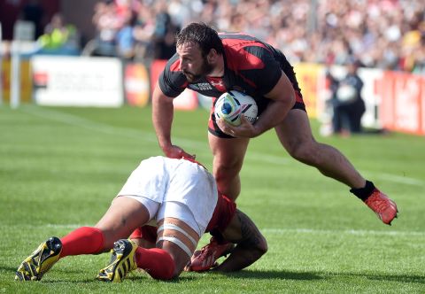 Flanker Giorgi Tkhilaishvili scores one of Georgia's two tries in the Pool C victory in Gloucester.