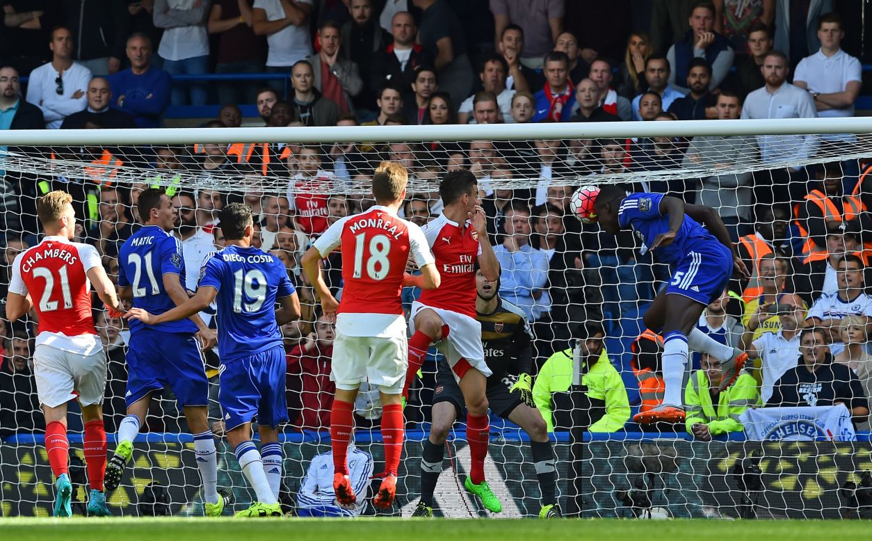 Defender Kurt Zouma (R) heads Chelsea's opening goal in the 53rd minute.