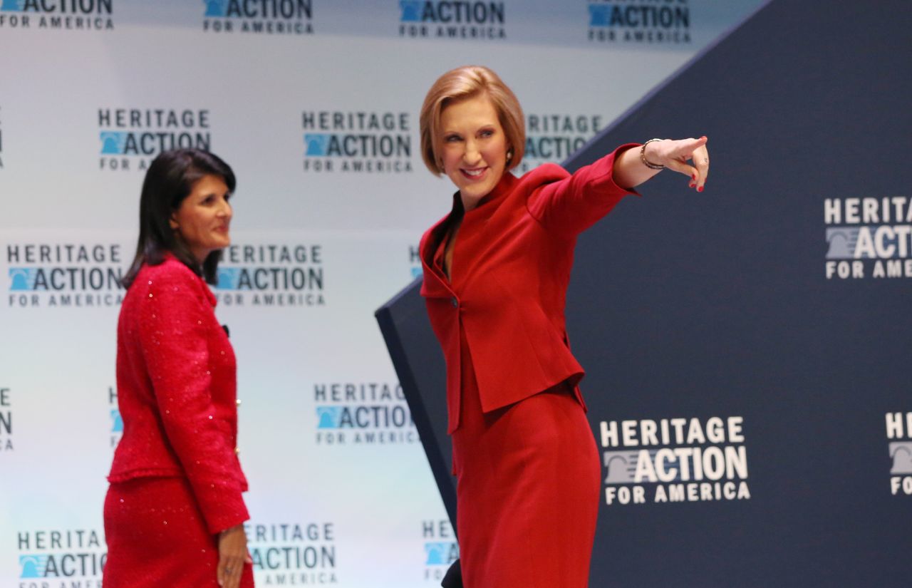 Republican presidential candidate Carly Fiorina thanks the audience as she walks off stage with South Carolina Gov. Nikki Haley at the Heritage Action "Take Back America" forum Friday, September 18, in Greenville, South Carolina. <a href="http://www.cnn.com/2015/09/19/politics/gallery/week-in-politics-0919/index.html" target="_blank">See more from the week in politics. </a>
