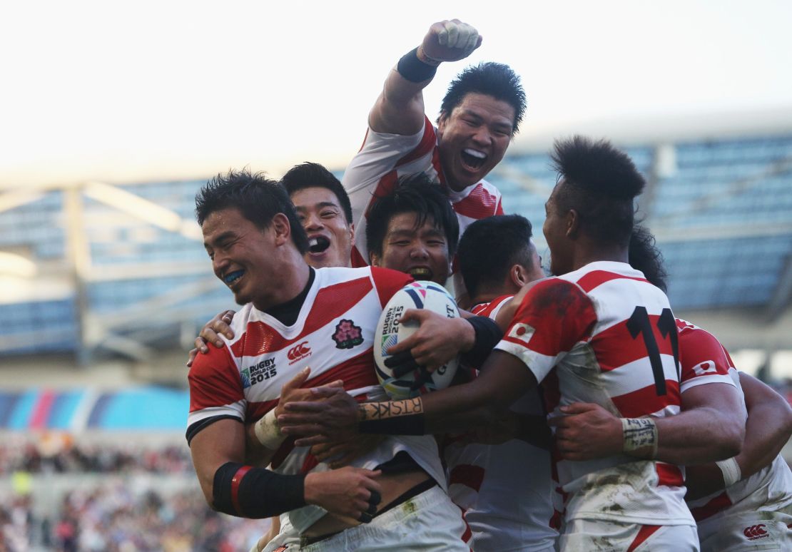  Ayumu Goromaru of Japan ceelbrates scoring the second try during the 2015 Rugby World Cup Pool B match between South Africa and Japan at the Brighton Community Stadium.