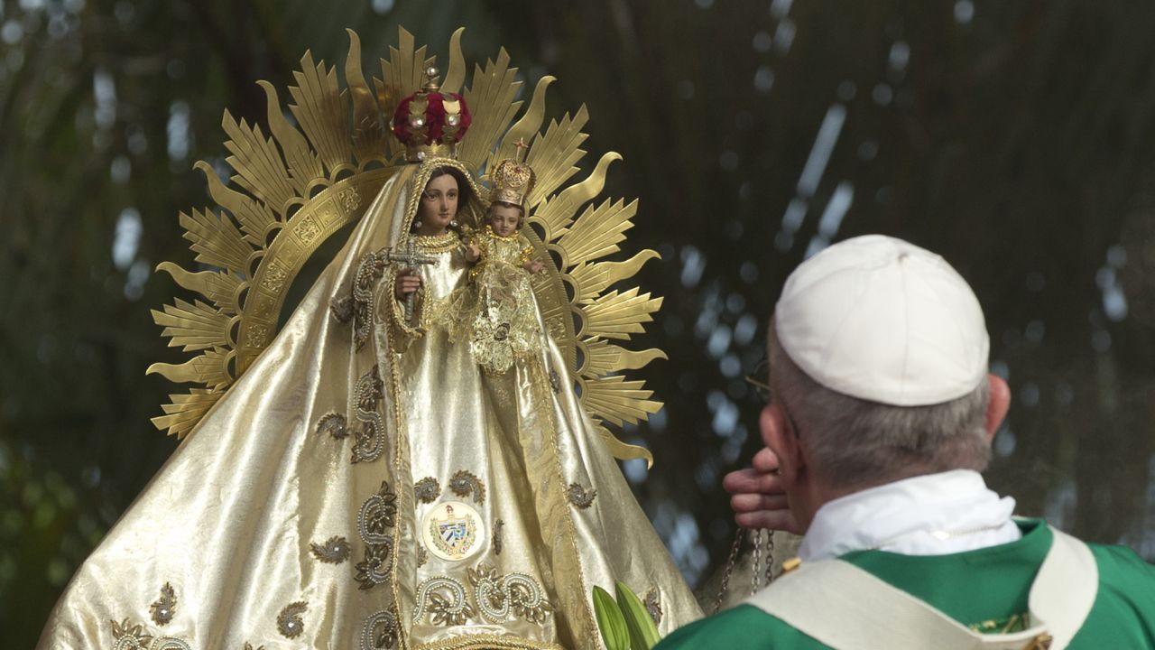Pope Francis blesses the Virgin of Charity as he celebrates Mass on September 20. 