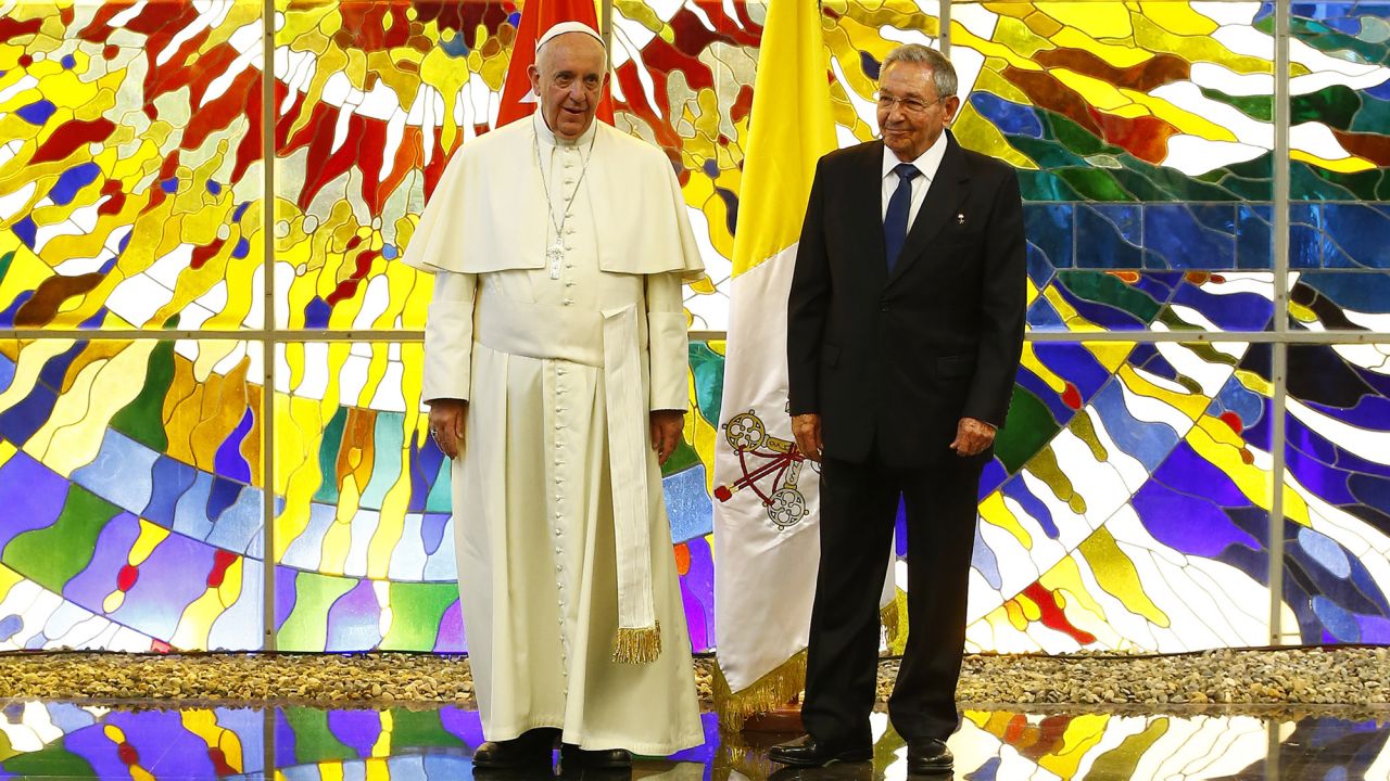 Pope Francis stands with Cuban President Raul Castro in the Revolution Palace in Havana, Cuba, on Sunday, September 20.