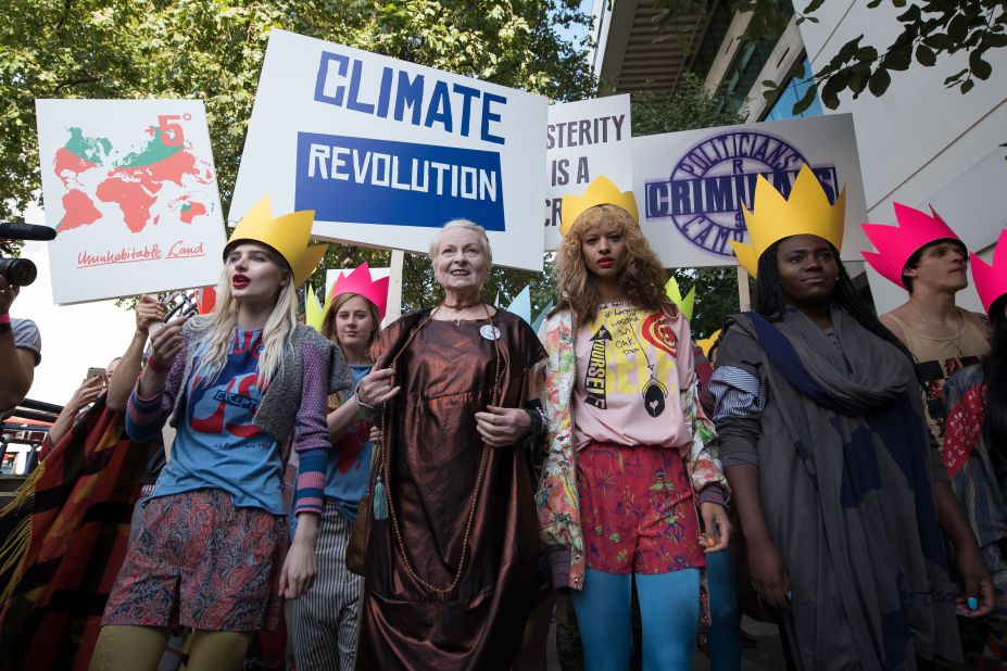 At Vivienne Westwood, the spectacle ahead of the show eclipsed the event itself. Ever the iconoclast, Westwood (center) staged a protest against British austerity measures and fracking.<br />