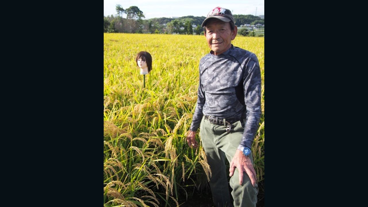 Takenori Morimoto is a 15th generation farmer. He started using mannequin heads about five years ago.   