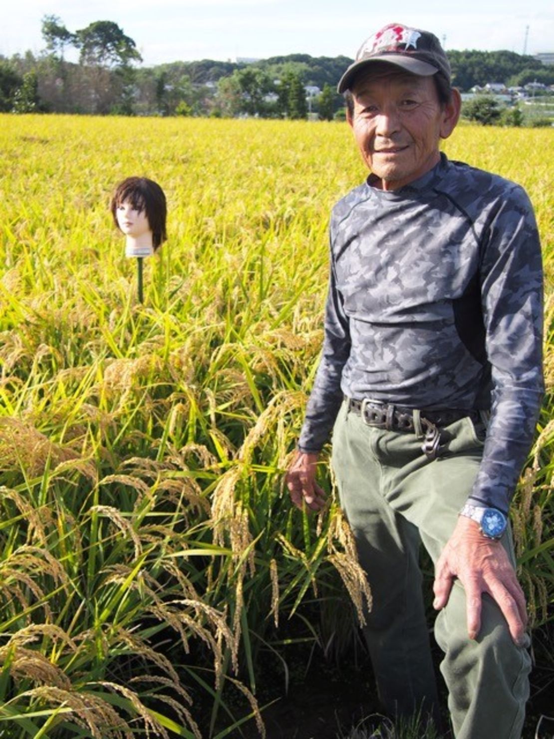 Takenori Morimoto is a 15th generation farmer. He started using mannequin heads about five years ago.   