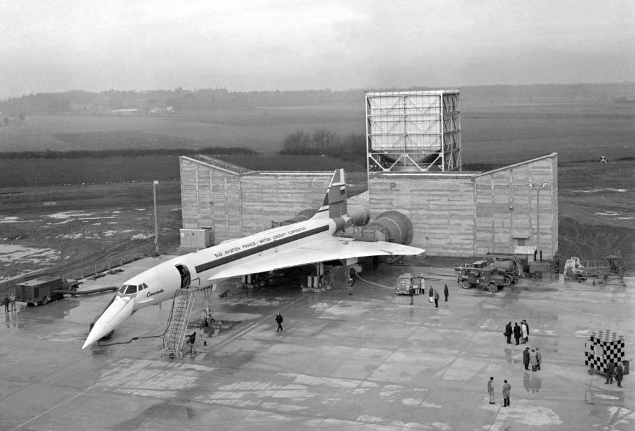 The first Concorde, the 001, was rolled out in 1967. This file photo taken on February 25 1968 at France's Toulouse-Blagnac airport shows the plane in front of an engine-testing system. 