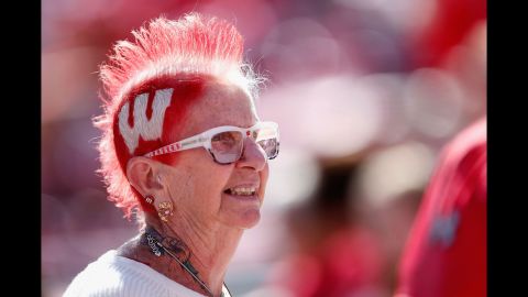 Mary Steinkraus shows her support for the University of Wisconsin football team during a game Saturday, September 19, in Madison, Wisconsin.