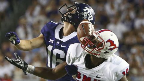 TCU's Michael Downing defends SMU's Courtland Sutton during a college football game in Fort Worth, Texas, on Saturday, September 19.