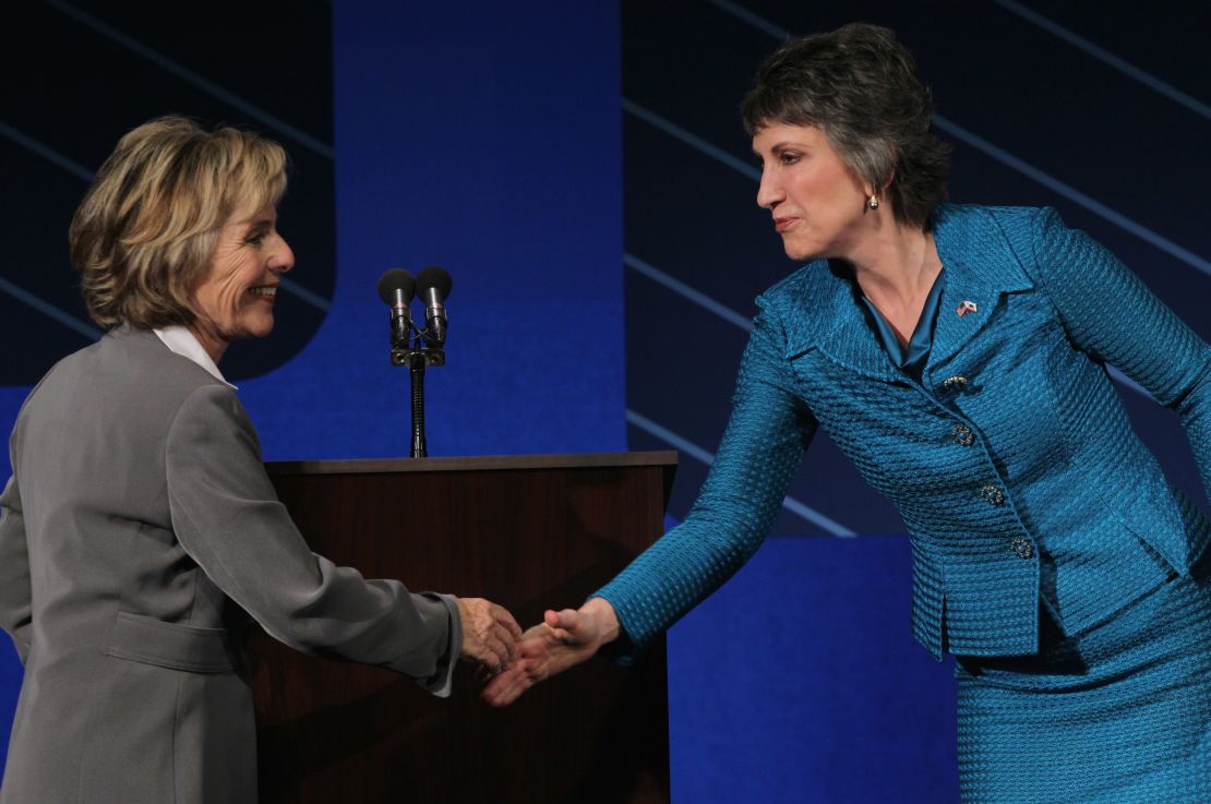 U.S. Sen. Barbara Boxer shakes hands with republican candidate for U.S. Senate Carly Fiorina at the conclusion of a debate on the campus of Saint Mary's College September 1, 2010 in Moraga, California.