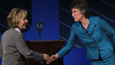 U.S. Sen. Barbara Boxer shakes hands with republican candidate for U.S. Senate Carly Fiorina at the conclusion of a debate on the campus of Saint Mary's College September 1, 2010 in Moraga, California.