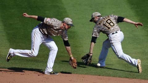 A ground ball eludes Pittsburgh shortstop Jordy Mercer, left, and second baseman Neil Walker during a game against the Chicago Cubs on Thursday, September 17.