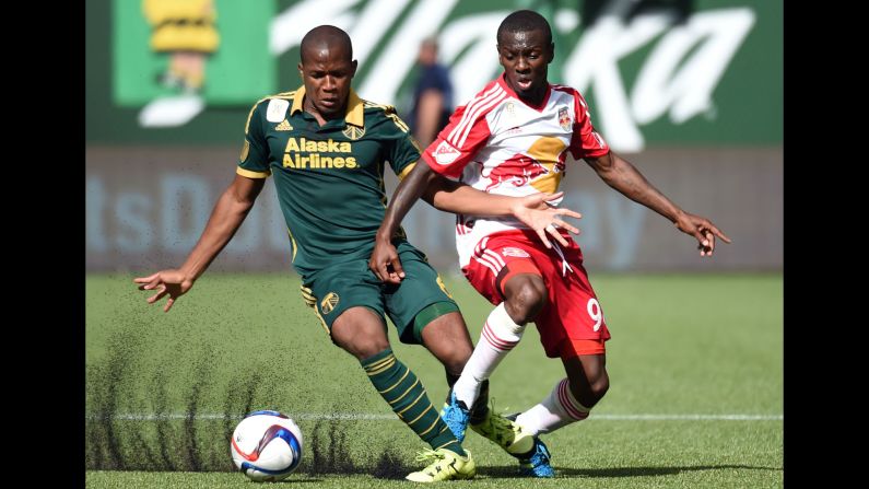 Rubber pellets fly from the artificial turf as Portland's Darlington Nagbe, left, competes for the ball with New York Red Bulls midfielder Shaun Wright-Phillips on Sunday, September 20.