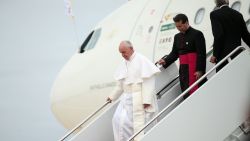 Pope Francis walks down the steps of his plane upon his arrival at Andrews Air Force Base, Md., Tuesday.