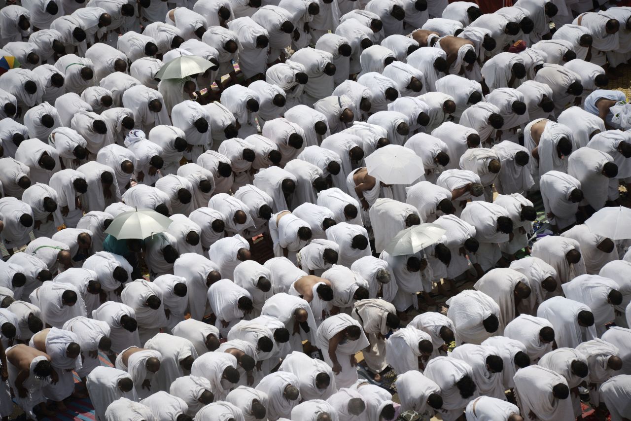 Muslim pilgrims pray at Namira Mosque on September 23 on Mount Arafat near Mecca.