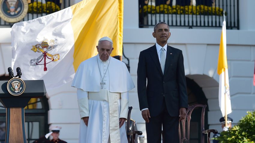 President Barack Obama stands next to Pope Francis during a welcoming ceremony at the White House on Wednesday, September 23.