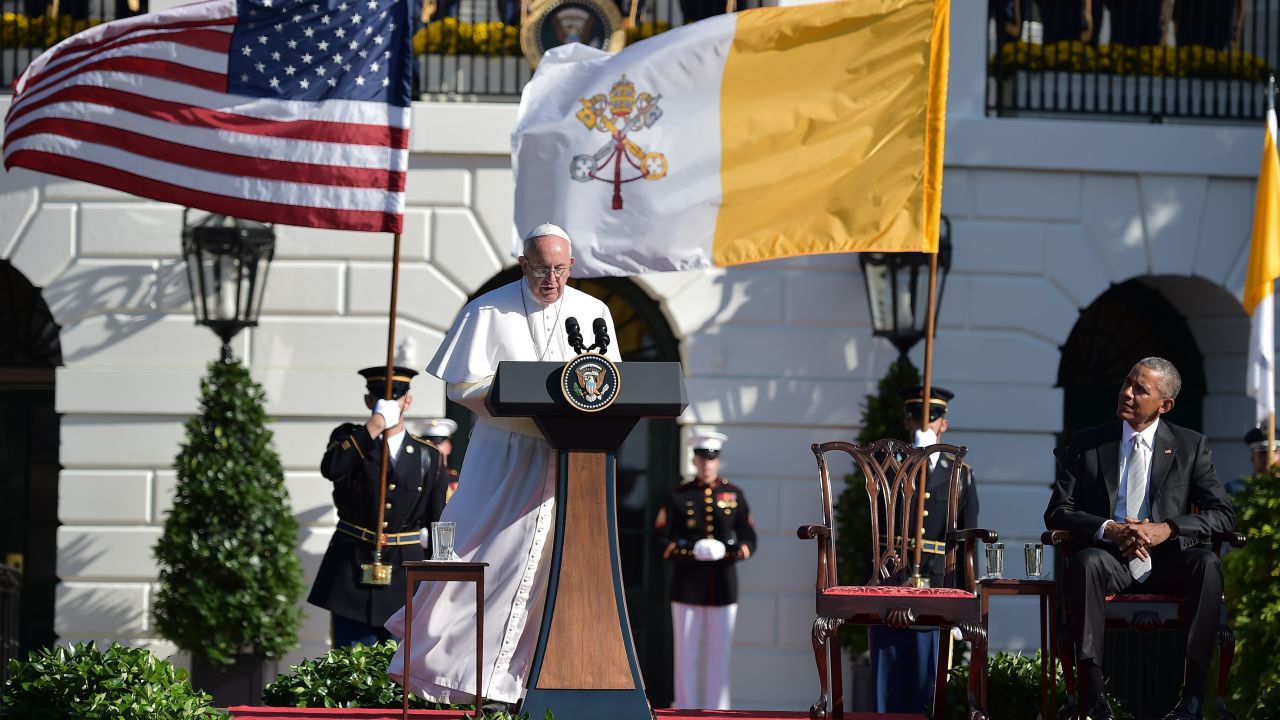 Pope Francis addresses guests on the South Lawn of the White House.