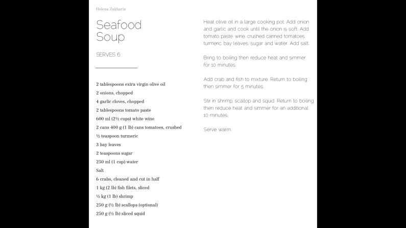 Helena Krikorian Zakharia is originally from the Palestinian territories and had to flee as a child. She brought over 100 soup bowls from her house to help in photography for the cookbook "Soup for Syria." Here, a recipe is featured in the seafood section.