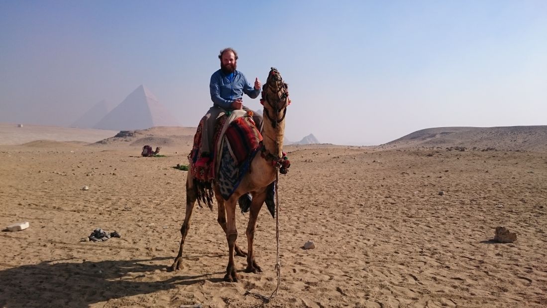 Rutland says he rested from the bike whenever he needed to, taking a few days off to ease the muscles. "I was completely unfit when I started." Pictured, enjoying a camel ride in Egypt.  