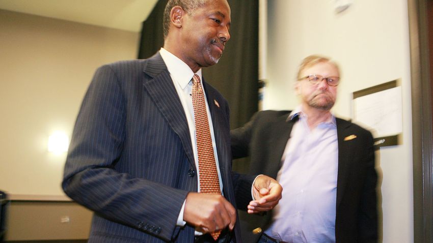 Republican presidential candidate Dr. Ben Carson leaves a press conference prior to a campaign rally on September 22, 2015 in Sharonville, Ohio.